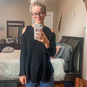 Stargaze Black Crochet Exposed Shoulder Sweater